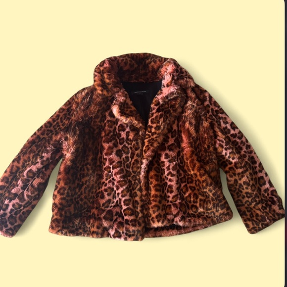 French Connection Jackets & Blazers - French Connection Girls' Leopard Faux Fur Pea Coat - Pink & Brown